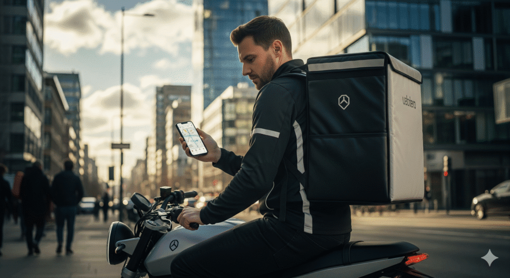 Entregas por App em 2025: A Verdade Sobre Ganhos, Custos e Se Realmente Compensa “Entregador de aplicativo em 2025 com mochila térmica e celular aberto no app de delivery