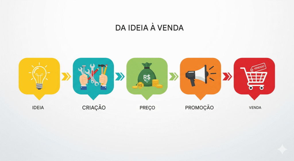 Infográfico que mostra as 5 etapas para começar a ganhar dinheiro com artesanato, da ideia à venda."