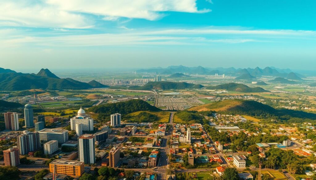 Investir pouco dinheiro em 2025: opções seguras e rentáveis 2 Panoramic view of the Brazilian economic landscape in 2025, captured with a wide-angle lens. In the foreground, bustling financial centers with towering skyscrapers and busy streets. The middle ground features rolling hills dotted with modern industrial complexes and thriving agricultural fields. The background showcases the diverse natural beauty of Brazil, with lush rainforests, pristine coastlines, and majestic mountains. The scene is bathed in a warm, golden light, conveying a sense of optimism and prosperity. The overall composition creates a sense of balance and harmony between the built environment and the natural world, reflecting the resilience and potential of the Brazilian economy in the coming year.