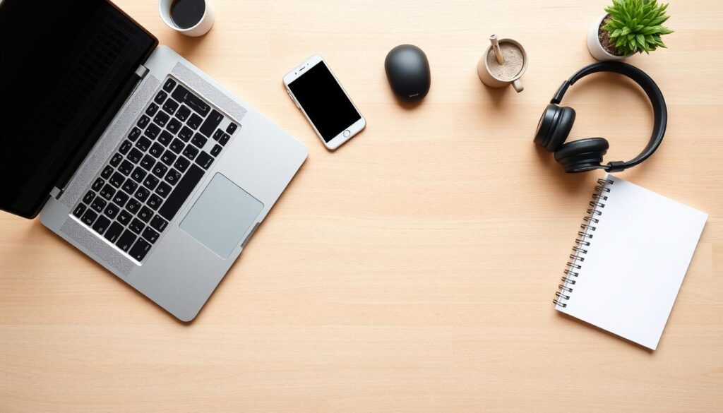 a detailed, high-quality, photorealistic image of an assortment of remote work tools and equipment on a clean, organized desk with a minimal, modern aesthetic. The desk is made of light wood and has a neutral-colored, textured surface. The tools include a laptop, a wireless mouse, a headset, a smartphone, a pen holder, a small potted plant, and a notepad. The lighting is bright and even, creating a calm and focused atmosphere. The composition places the tools in an appealing, symmetrical arrangement, emphasizing their functionality and design. The overall scene conveys a sense of productivity, efficiency, and the essentials needed for successful remote work. a detailed, high-quality, photorealistic image of an assortment of remote work tools and equipment on a clean, organized desk with a minimal, modern aesthetic. The desk is made of light wood and has a neutral-colored, textured surface. The tools include a laptop, a wireless mouse, a headset, a smartphone, a pen holder, a small potted plant, and a notepad. The lighting is bright and even, creating a calm and focused atmosphere. The composition places the tools in an appealing, symmetrical arrangement, emphasizing their functionality and design. The overall scene conveys a sense of productivity, efficiency, and the essentials needed for successful remote work.