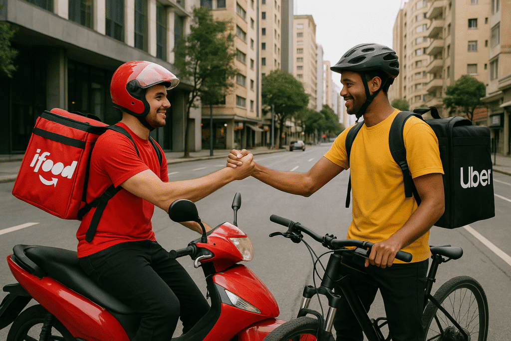 Entregas por App em 2025: A Verdade Sobre Ganhos, Custos e Se Realmente Compensa: Entregador por aplicativo em 2025 com celular e mochila de delivery