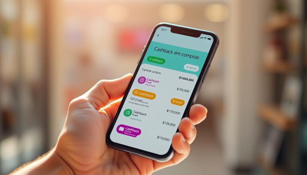A bright and modern digital wallet interface, showcasing the "cashback em compras" feature. In the foreground, a hand holds a smartphone displaying a sleek app design with clean typography and intuitive icons. The middle ground features a series of purchase transactions, each accompanied by a "cashback" label in a vibrant color scheme. The background softly blurs, allowing the user interface to take center stage and convey a sense of effortless digital financial management. The lighting is warm and natural, creating a welcoming atmosphere. The camera angle is slightly elevated, giving the impression of an empowered, user-centric perspective. A bright and modern digital wallet interface, showcasing the "cashback em compras" feature. In the foreground, a hand holds a smartphone displaying a sleek app design with clean typography and intuitive icons. The middle ground features a series of purchase transactions, each accompanied by a "cashback" label in a vibrant color scheme. The background softly blurs, allowing the user interface to take center stage and convey a sense of effortless digital financial management. The lighting is warm and natural, creating a welcoming atmosphere. The camera angle is slightly elevated, giving the impression of an empowered, user-centric perspective.