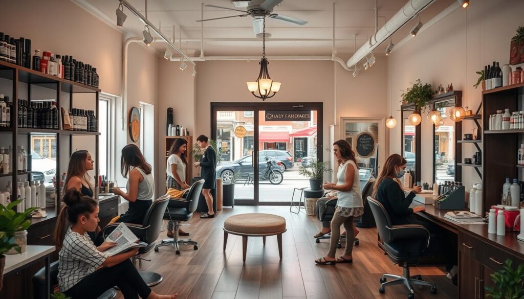 A cozy beauty salon in a charming small-town setting, with a warm, inviting atmosphere. The interior features clean, modern design elements, natural lighting, and well-organized shelves displaying a range of professional-grade beauty products. In the foreground, a group of friendly, attentive stylists attend to their clients, offering personalized services such as haircuts, manicures, and facials. The middle ground showcases a serene and relaxing waiting area, where customers can thumb through magazines or sip complimentary beverages. The background reveals a picturesque street scene outside, with quaint shops and cafes lining the sidewalk, creating a picturesque, community-focused setting. The overall mood is one of small-town charm, quality craftsmanship, and a focus on customer satisfaction. A cozy beauty salon in a charming small-town setting, with a warm, inviting atmosphere. The interior features clean, modern design elements, natural lighting, and well-organized shelves displaying a range of professional-grade beauty products. In the foreground, a group of friendly, attentive stylists attend to their clients, offering personalized services such as haircuts, manicures, and facials. The middle ground showcases a serene and relaxing waiting area, where customers can thumb through magazines or sip complimentary beverages. The background reveals a picturesque street scene outside, with quaint shops and cafes lining the sidewalk, creating a picturesque, community-focused setting. The overall mood is one of small-town charm, quality craftsmanship, and a focus on customer satisfaction.