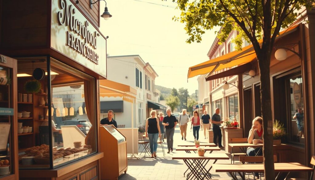 A cozy, inviting microfood franchise in a small-town setting. In the foreground, a charming storefront with warm lighting and rustic wooden accents, showcasing a variety of freshly prepared meals and baked goods. The middle ground features outdoor seating under a sun-dappled awning, where local patrons enjoy their meals and converse. In the background, a quaint main street with traditional architecture and a few pedestrians strolling by, creating a sense of community. The lighting is soft and natural, with a golden hue that adds to the welcoming atmosphere. The overall scene conveys a sense of local, artisanal food service that caters to the needs of a small-town audience. A cozy, inviting microfood franchise in a small-town setting. In the foreground, a charming storefront with warm lighting and rustic wooden accents, showcasing a variety of freshly prepared meals and baked goods. The middle ground features outdoor seating under a sun-dappled awning, where local patrons enjoy their meals and converse. In the background, a quaint main street with traditional architecture and a few pedestrians strolling by, creating a sense of community. The lighting is soft and natural, with a golden hue that adds to the welcoming atmosphere. The overall scene conveys a sense of local, artisanal food service that caters to the needs of a small-town audience.