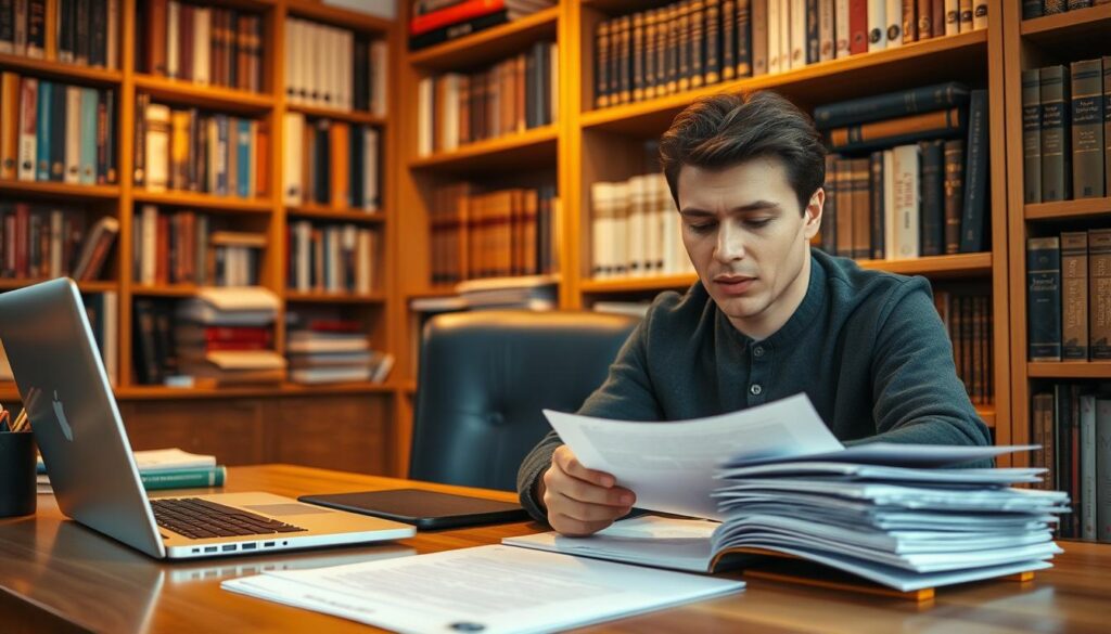 A cozy office setting with a wooden desk, a laptop, and a stack of documents. In the foreground, a person is carefully reviewing and editing a document, their face concentrated. Warm lighting casts a soft glow, highlighting the attention to detail. In the background, bookcases filled with reference materials and translation dictionaries create an atmosphere of expertise and professionalism. The scene conveys the focus and diligence required for high-quality translation and proofreading services. A cozy office setting with a wooden desk, a laptop, and a stack of documents. In the foreground, a person is carefully reviewing and editing a document, their face concentrated. Warm lighting casts a soft glow, highlighting the attention to detail. In the background, bookcases filled with reference materials and translation dictionaries create an atmosphere of expertise and professionalism. The scene conveys the focus and diligence required for high-quality translation and proofreading services.