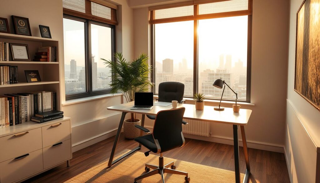 A cozy, warm-lit home office with a sleek, modern desk and ergonomic chair. On the desk, a laptop, a small potted plant, and a cup of coffee or tea. Shelves along the wall display reference books and awards, hinting at the owner's expertise. Large windows flood the space with natural light, casting a soft glow. In the background, a city skyline can be seen through the windows, suggesting an urban, professional setting. The overall atmosphere is one of productivity, intellectual engagement, and business acumen. A cozy, warm-lit home office with a sleek, modern desk and ergonomic chair. On the desk, a laptop, a small potted plant, and a cup of coffee or tea. Shelves along the wall display reference books and awards, hinting at the owner's expertise. Large windows flood the space with natural light, casting a soft glow. In the background, a city skyline can be seen through the windows, suggesting an urban, professional setting. The overall atmosphere is one of productivity, intellectual engagement, and business acumen.