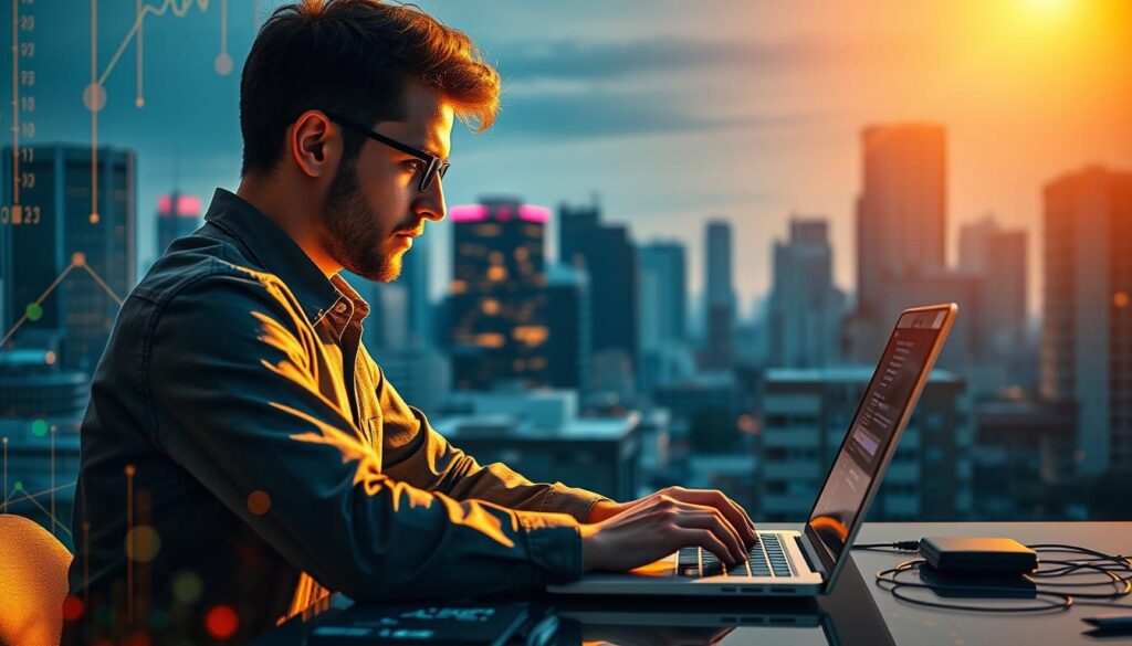A dynamic digital entrepreneur working intently on a laptop, surrounded by colorful data visualizations and glowing circuits. The scene is bathed in warm, golden light, creating a sense of focus and innovation. In the background, a city skyline with skyscrapers symbolizes the scale and potential of digital business. The composition emphasizes the intersection of technology, entrepreneurship, and personal drive to create new opportunities and drive growth. A dynamic digital entrepreneur working intently on a laptop, surrounded by colorful data visualizations and glowing circuits. The scene is bathed in warm, golden light, creating a sense of focus and innovation. In the background, a city skyline with skyscrapers symbolizes the scale and potential of digital business. The composition emphasizes the intersection of technology, entrepreneurship, and personal drive to create new opportunities and drive growth.