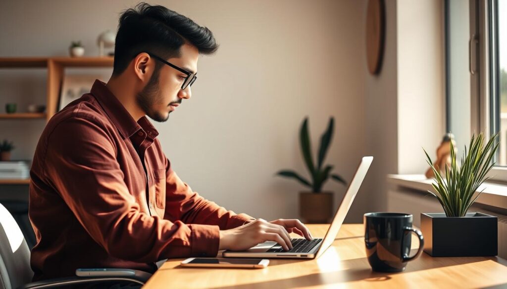 A freelance social media professional in a modern home office, captured in warm natural lighting. The subject is intently focused on a laptop, with a smartphone, coffee mug, and minimalist decor surrounding them. The atmosphere is productive and creative, conveying the skills and dedication required to build a successful social media freelance business. A freelance social media professional in a modern home office, captured in warm natural lighting. The subject is intently focused on a laptop, with a smartphone, coffee mug, and minimalist decor surrounding them. The atmosphere is productive and creative, conveying the skills and dedication required to build a successful social media freelance business.