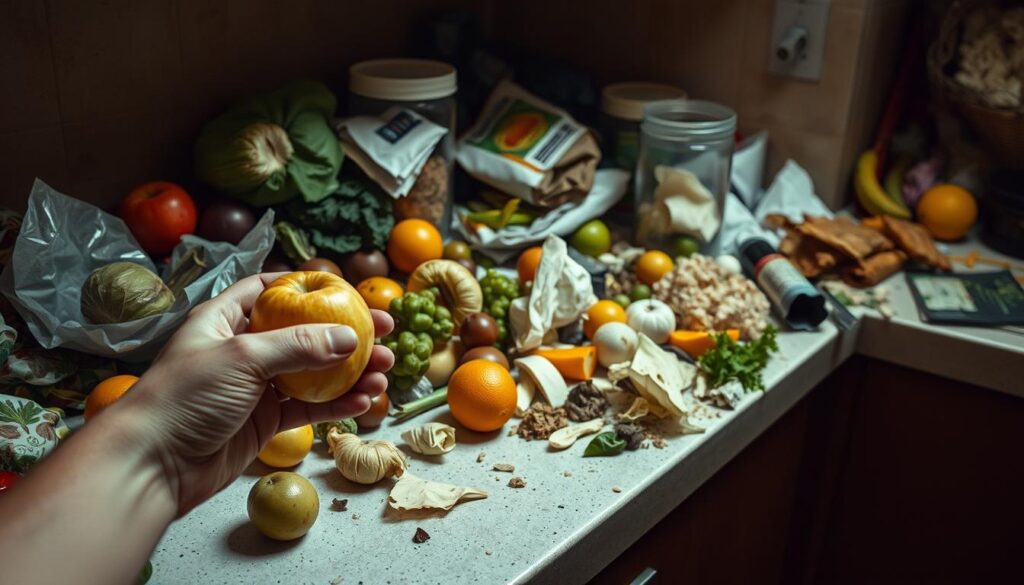 A kitchen counter overflowing with discarded food items - wilted vegetables, spoiled fruits, leftover scraps, and empty packaging. The scene is bathed in a warm, muted light, creating a somber atmosphere that highlights the scale of the food waste. In the foreground, a hand reaches out to examine a bruised apple, while in the background, half-empty containers and discarded food scraps are haphazardly strewn about, conveying a sense of neglect and carelessness. The image aims to evoke a sense of guilt and a call to action, urging viewers to be more mindful of their food consumption and waste habits. A kitchen counter overflowing with discarded food items - wilted vegetables, spoiled fruits, leftover scraps, and empty packaging. The scene is bathed in a warm, muted light, creating a somber atmosphere that highlights the scale of the food waste. In the foreground, a hand reaches out to examine a bruised apple, while in the background, half-empty containers and discarded food scraps are haphazardly strewn about, conveying a sense of neglect and carelessness. The image aims to evoke a sense of guilt and a call to action, urging viewers to be more mindful of their food consumption and waste habits.