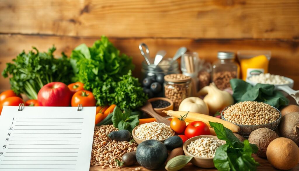 A neatly organized grocery list against a warm, soft-lit backdrop. In the foreground, an array of fresh produce - crisp vegetables, ripe fruits, and wholesome grains. In the middle ground, budget-friendly pantry staples like beans, rice, and spices. The background features a rustic wooden surface, evoking a cozy, homely atmosphere. The lighting casts a gentle, flattering glow, highlighting the natural textures and colors of the items. The composition is balanced, with the list's handwritten scrawl guiding the viewer's eye across the frame. Overall, the image conveys a sense of mindful, economical grocery shopping without sacrificing quality or flavor. A neatly organized grocery list against a warm, soft-lit backdrop. In the foreground, an array of fresh produce - crisp vegetables, ripe fruits, and wholesome grains. In the middle ground, budget-friendly pantry staples like beans, rice, and spices. The background features a rustic wooden surface, evoking a cozy, homely atmosphere. The lighting casts a gentle, flattering glow, highlighting the natural textures and colors of the items. The composition is balanced, with the list's handwritten scrawl guiding the viewer's eye across the frame. Overall, the image conveys a sense of mindful, economical grocery shopping without sacrificing quality or flavor.