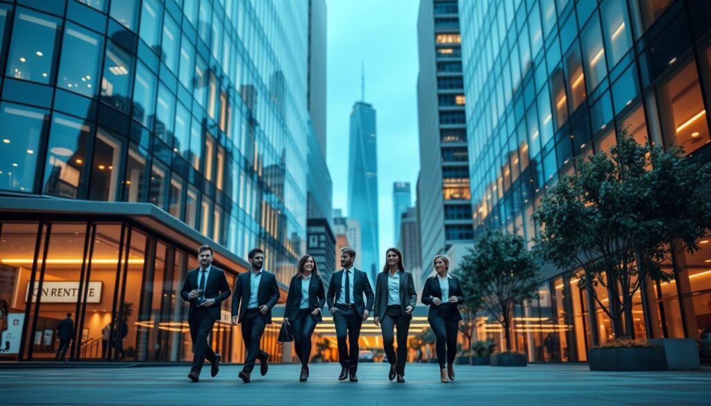 A sede de uma próspera empresa de locação, aninhada em uma paisagem urbana movimentada. A fachada elegante e moderna do edifício é adornada com janelas do chão ao teto, refletindo as vibrantes ruas da cidade. Em primeiro plano, um grupo de profissionais caminha com passos firmes, envolvidos em discussões animadas, simbolizando o crescimento e o sucesso da empresa. O centro revela um saguão convidativo, onde os clientes são recebidos por uma atmosfera acolhedora e acolhedora. A iluminação suave e difusa, no teto, projeta um brilho sutil, criando uma sensação de profissionalismo e prosperidade. Ao fundo, o horizonte da cidade se ergue majestosamente, um testemunho dos ambiciosos planos de expansão da empresa. A cena transmite uma sensação de impulso, inovação e a concretização de uma jornada empreendedora notável.
