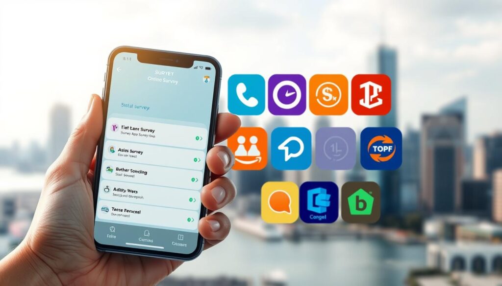 A serene and vibrant scene depicting a variety of mobile applications related to paid online surveys. In the foreground, a hand holds a modern smartphone, the screen displaying an interactive survey interface with various question types and progress indicators. The middle ground features a collage of different survey app icons, each with a distinct color palette and unique branding elements. In the background, a blurred cityscape sets the stage, hinting at the diverse, global reach of these mobile research platforms. The overall composition conveys a sense of productivity, engagement, and the opportunity to transform one's opinions into tangible financial rewards.