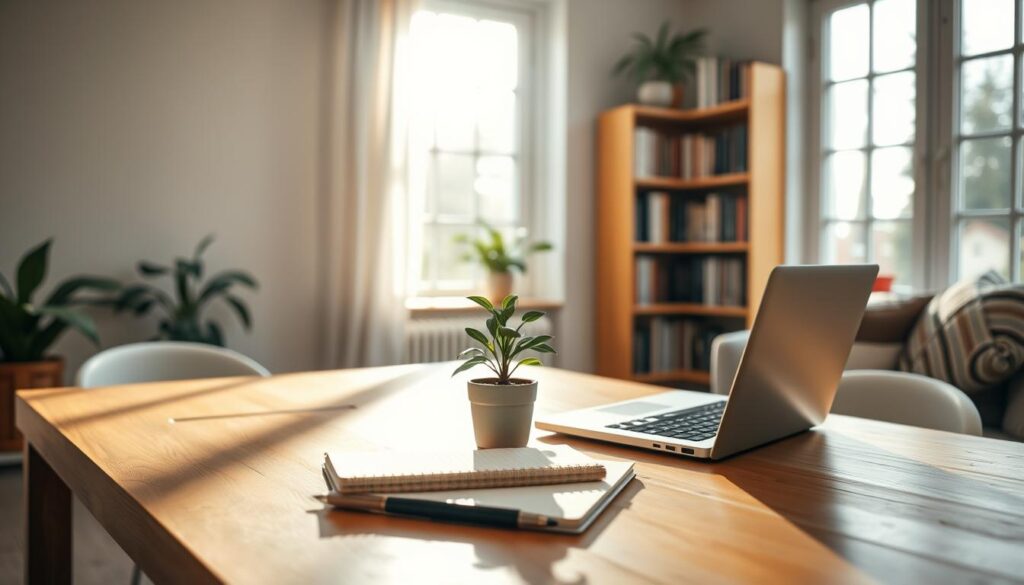 A serene home office with a wooden desk, a laptop, and a cozy reading nook. Soft, natural lighting streams through large windows, casting a warm glow on the space. On the desk, a notebook, a pen, and a cup of coffee sit alongside a small potted plant, symbolizing productivity and growth. In the background, a bookshelf filled with various subjects, hinting at the diverse knowledge the person possesses. The overall atmosphere is one of calm, focus, and the potential to transform that knowledge into additional income. A serene home office with a wooden desk, a laptop, and a cozy reading nook. Soft, natural lighting streams through large windows, casting a warm glow on the space. On the desk, a notebook, a pen, and a cup of coffee sit alongside a small potted plant, symbolizing productivity and growth. In the background, a bookshelf filled with various subjects, hinting at the diverse knowledge the person possesses. The overall atmosphere is one of calm, focus, and the potential to transform that knowledge into additional income.