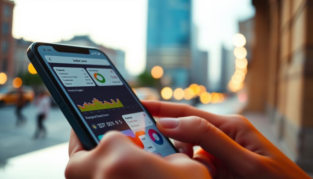 Controle Financeiro Pessoal 2025: Os 5 Apps que Mais Economizam 4 A sleek and modern mobile device display showcases the advanced customization features of the Money Lover personal finance app. The foreground features a close-up view of the app's interface, with intuitive icons, colorful graphs, and a clean, minimalist design. The middle ground depicts the device's user interacting with the app, their fingers deftly navigating the various budgeting and tracking tools. The background is a softly blurred, warm-toned cityscape, suggesting the app's utility in managing finances on the go. Soft, directional lighting casts a subtle glow on the device, creating a sense of sophistication and innovation. The overall composition and attention to detail convey the advanced personalization capabilities of the Money Lover app, aligning with the section's focus on its customization features.