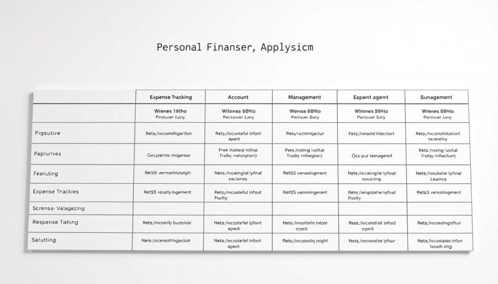 Controle Financeiro Pessoal 2025: Os 5 Apps que Mais Economizam 6 A sleek, minimalist table displayed on a clean, white background, showcasing a comparative analysis of top personal finance apps. The table's columns highlight key features like budgeting, expense tracking, account management, and more. The design is elegant, with clear and concise data presented in a professional, easy-to-read format. Subtle grid lines and muted colors create a sense of organization and clarity, inviting the viewer to explore the apps' capabilities. Careful attention to lighting and camera angle emphasizes the table's clarity and detail, presenting a comprehensive, data-driven snapshot of the financial app landscape.