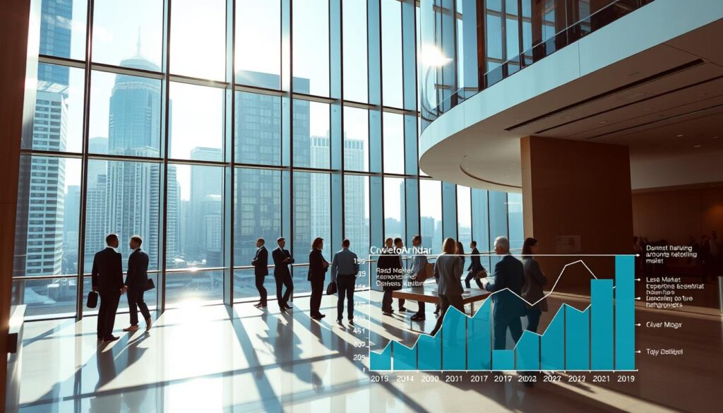A sleek, modern office building set against a vibrant urban skyline, showcasing the dynamic growth of the real estate market. Sunlight filters through large windows, illuminating a bustling lobby filled with professionals engaging in discussions and negotiations. In the foreground, a stylized infographic chart displays key market trends and data, visualizing the positioning and performance of QuintoAndar within the thriving real estate landscape. The scene conveys a sense of progress, innovation, and the company's prominent role in shaping the future of the industry.