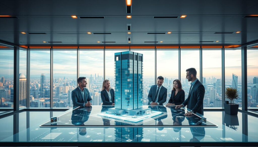 A sleek, modern office interior with floor-to-ceiling windows showcasing a breathtaking city skyline. In the foreground, a team of tech-savvy professionals collaborate around a large touchscreen table, their expressions engaged as they discuss innovative real estate solutions. The middle ground features a 3D model of a high-rise building, its sleek design and smart home features hinting at the future of the industry. The background is filled with futuristic holograms and digital displays, all bathed in a warm, ambient lighting that creates a sense of cutting-edge sophistication. The overall scene conveys a powerful vision of technology and innovation transforming the real estate sector.