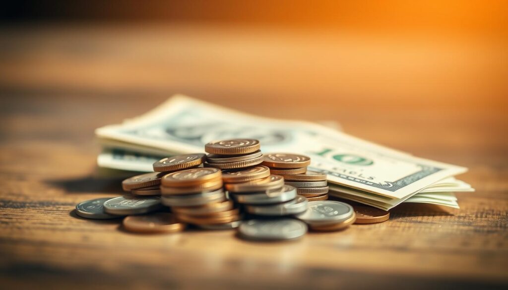 A softly illuminated close-up view of a small pile of coins and bills, neatly arranged to create a sense of financial stability and modest investment. The image has a warm, welcoming tone, with gentle shadows and highlights that accentuate the textures and colors of the money. The background is blurred, keeping the focus on the central financial elements. The composition is balanced and visually appealing, conveying a sense of simplicity and approachability for a beginner investor with a limited budget. A softly illuminated close-up view of a small pile of coins and bills, neatly arranged to create a sense of financial stability and modest investment. The image has a warm, welcoming tone, with gentle shadows and highlights that accentuate the textures and colors of the money. The background is blurred, keeping the focus on the central financial elements. The composition is balanced and visually appealing, conveying a sense of simplicity and approachability for a beginner investor with a limited budget.