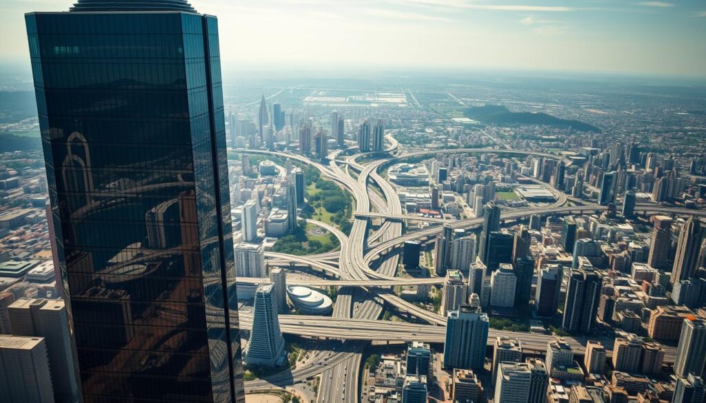A sprawling cityscape unfolds, teeming with dynamic growth and expansion. In the foreground, a towering skyscraper emerges, its sleek glass facade reflecting the vibrant energy of the urban landscape. The middle ground features a network of roads and highways, bustling with the movement of vehicles, symbolizing the connectivity and capilaridade that fuels the nation's expansion. In the background, a panoramic vista reveals the vast expanse of the country, dotted with satellite cities and interconnected infrastructure, all coming together to form a cohesive, thriving whole. The lighting is crisp and directional, casting dramatic shadows and highlights that accentuate the architectural details and the sense of scale. The overall mood is one of progress, ambition, and a vision for a future of boundless possibilities.