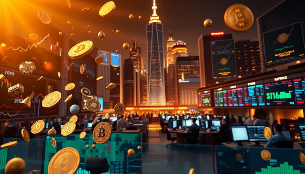 A vibrant, dynamic scene depicting the world of variable income investment. In the foreground, a diverse array of financial instruments - stocks, bonds, cryptocurrencies - float against a backdrop of sleek, modern interfaces and data visualizations. The middle ground showcases a bustling trading floor, with traders intently focused on their screens, making decisions that will shape their financial futures. In the background, a towering cityscape of skyscrapers and financial hubs stands as a testament to the ever-evolving landscape of variable income investment. Warm, golden lighting illuminates the scene, creating a sense of energy and potential. The composition is balanced, with a sense of depth and movement that draws the viewer into the heart of the variable income investment world. A vibrant, dynamic scene depicting the world of variable income investment. In the foreground, a diverse array of financial instruments - stocks, bonds, cryptocurrencies - float against a backdrop of sleek, modern interfaces and data visualizations. The middle ground showcases a bustling trading floor, with traders intently focused on their screens, making decisions that will shape their financial futures. In the background, a towering cityscape of skyscrapers and financial hubs stands as a testament to the ever-evolving landscape of variable income investment. Warm, golden lighting illuminates the scene, creating a sense of energy and potential. The composition is balanced, with a sense of depth and movement that draws the viewer into the heart of the variable income investment world.