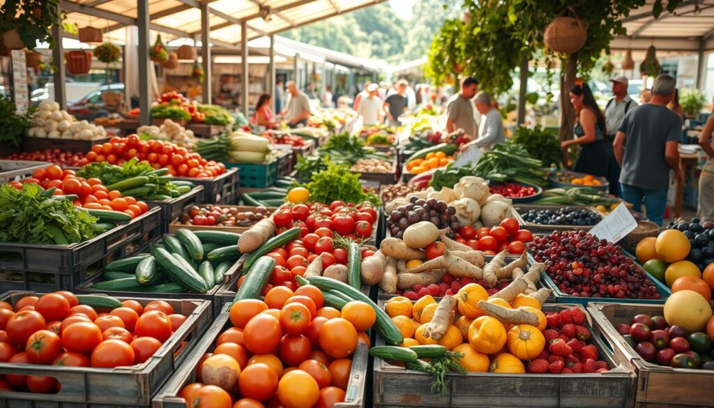 A vibrant farmer's market scene, brimming with an abundance of seasonal fruits and vegetables. Crates overflowing with ripe tomatoes, crisp cucumbers, earthy root vegetables, and colorful berries. Sunlight filters through the open-air stalls, casting a warm glow on the fresh produce. Shoppers browse the stalls, carefully selecting the finest ingredients for their seasonal meals. In the background, lush greenery and the chatter of the bustling marketplace create a serene and inviting atmosphere. A visual celebration of the bounty of the season, inspiring mindful and budget-conscious meal planning. A vibrant farmer's market scene, brimming with an abundance of seasonal fruits and vegetables. Crates overflowing with ripe tomatoes, crisp cucumbers, earthy root vegetables, and colorful berries. Sunlight filters through the open-air stalls, casting a warm glow on the fresh produce. Shoppers browse the stalls, carefully selecting the finest ingredients for their seasonal meals. In the background, lush greenery and the chatter of the bustling marketplace create a serene and inviting atmosphere. A visual celebration of the bounty of the season, inspiring mindful and budget-conscious meal planning.