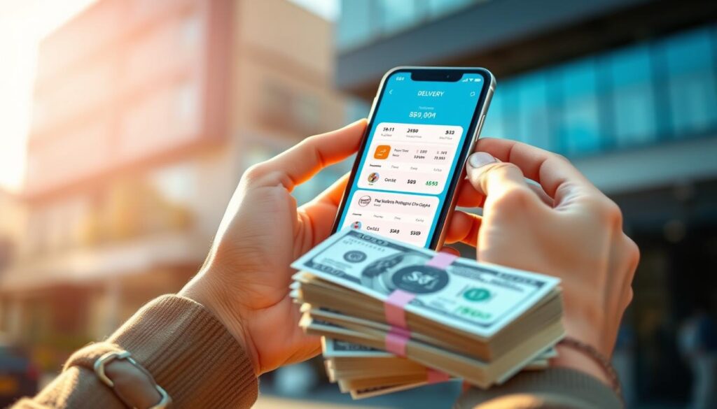 A vibrant, photorealistic image of a person's hands holding a smartphone displaying a delivery app interface, with a stack of cash bills in the foreground, all set against a blurred urban background. The scene is illuminated by warm, natural lighting, creating a sense of prosperity and financial opportunity. The composition emphasizes the potential for earning extra income through food or package delivery services, reflecting the theme of the article section. A vibrant, photorealistic image of a person's hands holding a smartphone displaying a delivery app interface, with a stack of cash bills in the foreground, all set against a blurred urban background. The scene is illuminated by warm, natural lighting, creating a sense of prosperity and financial opportunity. The composition emphasizes the potential for earning extra income through food or package delivery services, reflecting the theme of the article section.