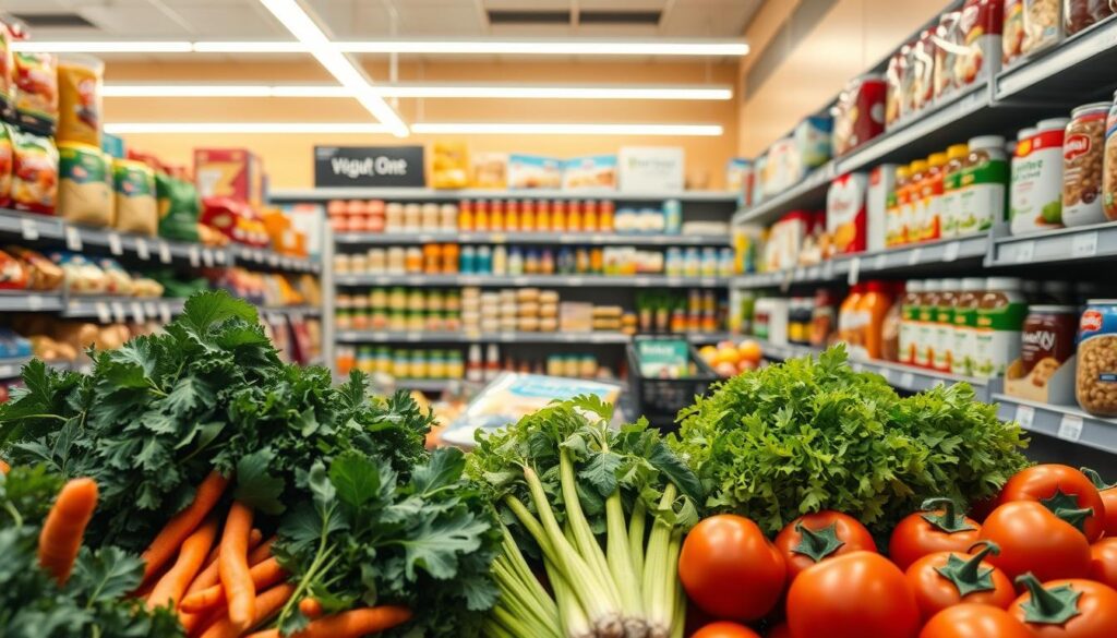 A well-lit grocery store aisle, showcasing an array of affordable, nutritious food items. In the foreground, various fresh produce - vibrant leafy greens, crisp carrots, and juicy tomatoes - displayed at eye level. In the middle ground, shelves stocked with budget-friendly staples such as whole grains, canned legumes, and inexpensive dairy products. The background features a clean, modern aesthetic with warm, inviting lighting, creating a welcoming atmosphere. The overall scene conveys a sense of abundance and accessibility, highlighting the wide range of cost-effective, wholesome options available to the discerning shopper. A well-lit grocery store aisle, showcasing an array of affordable, nutritious food items. In the foreground, various fresh produce - vibrant leafy greens, crisp carrots, and juicy tomatoes - displayed at eye level. In the middle ground, shelves stocked with budget-friendly staples such as whole grains, canned legumes, and inexpensive dairy products. The background features a clean, modern aesthetic with warm, inviting lighting, creating a welcoming atmosphere. The overall scene conveys a sense of abundance and accessibility, highlighting the wide range of cost-effective, wholesome options available to the discerning shopper.