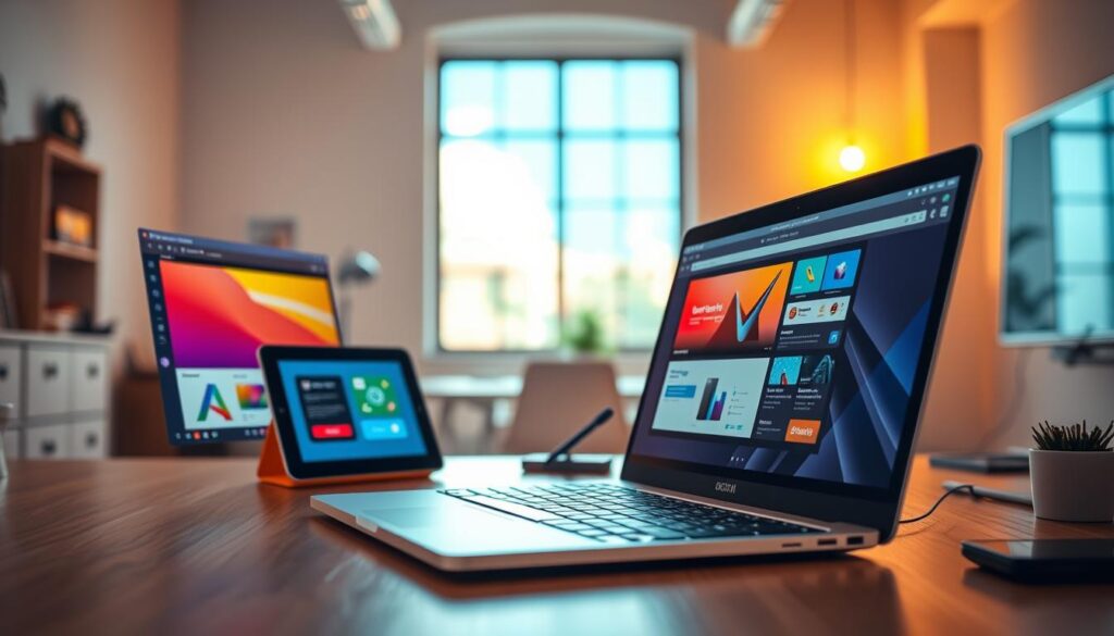 A well-lit, meticulously crafted digital workspace. In the foreground, a sleek laptop displays a vibrant, eye-catching digital product design. Vibrant colors, clean lines, and modern typography create an engaging, professional-grade user interface. In the middle ground, a tablet and stylus suggest the creative process behind the digital product's development. The background features a minimalist office setting, with a large window allowing natural light to pour in, illuminating the scene. Warm, soft lighting casts a gentle glow, evoking a sense of productivity and innovation. The overall atmosphere conveys a harmonious blend of technology, creativity, and strategic thinking, embodying the essence of "criação de produtos digitais". A well-lit, meticulously crafted digital workspace. In the foreground, a sleek laptop displays a vibrant, eye-catching digital product design. Vibrant colors, clean lines, and modern typography create an engaging, professional-grade user interface. In the middle ground, a tablet and stylus suggest the creative process behind the digital product's development. The background features a minimalist office setting, with a large window allowing natural light to pour in, illuminating the scene. Warm, soft lighting casts a gentle glow, evoking a sense of productivity and innovation. The overall atmosphere conveys a harmonious blend of technology, creativity, and strategic thinking, embodying the essence of "criação de produtos digitais".