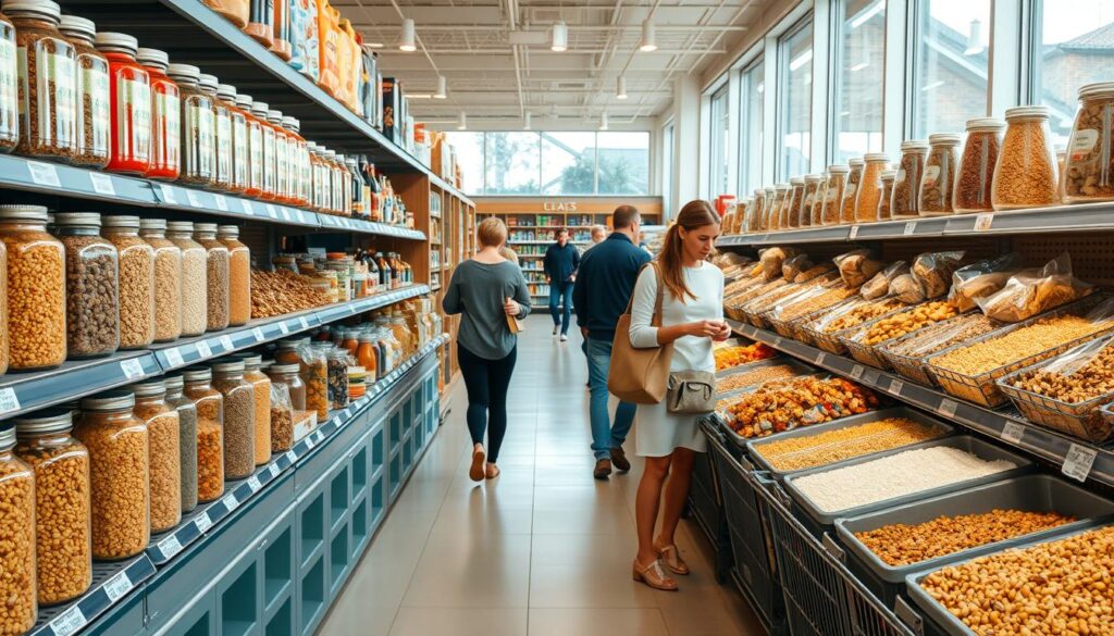 A well-lit supermarket aisle, showcasing an expansive selection of bulk food items. Rows of glass jars and metal bins filled with a diverse array of grains, legumes, spices, and snacks. The scene exudes a sense of order and efficiency, with clean shelves and a minimalist aesthetic. Soft natural light streams in through large windows, creating a warm, inviting atmosphere. Shoppers navigate the aisle, carefully selecting items and filling their reusable containers. The focus is on the practical, cost-effective, and environmentally-conscious nature of bulk purchasing, capturing the essence of saving money and reducing waste in the supermarket. A well-lit supermarket aisle, showcasing an expansive selection of bulk food items. Rows of glass jars and metal bins filled with a diverse array of grains, legumes, spices, and snacks. The scene exudes a sense of order and efficiency, with clean shelves and a minimalist aesthetic. Soft natural light streams in through large windows, creating a warm, inviting atmosphere. Shoppers navigate the aisle, carefully selecting items and filling their reusable containers. The focus is on the practical, cost-effective, and environmentally-conscious nature of bulk purchasing, capturing the essence of saving money and reducing waste in the supermarket.