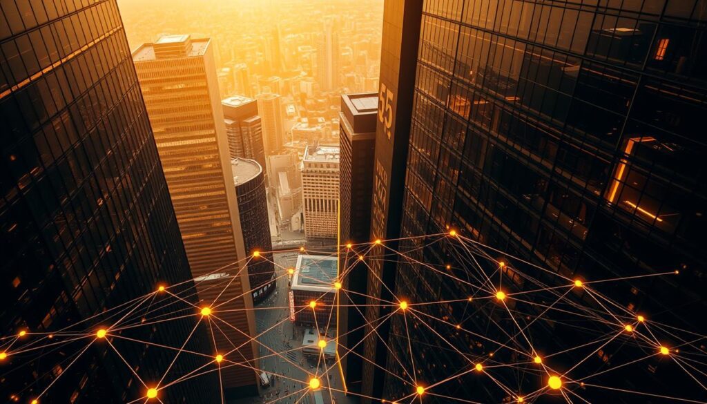 Dramatic overhead view of modern high-rise financial buildings with abstract geometric shapes and patterns, illuminated by warm golden lighting. Sleek glass facades reflecting the urban landscape, punctuated by bold architectural details. In the foreground, a network of interconnected lines and shapes representing complex financial contracts and real estate transactions. The scene conveys a sense of scale, power, and the remarkable financial milestones of a rapidly expanding real estate tech company.