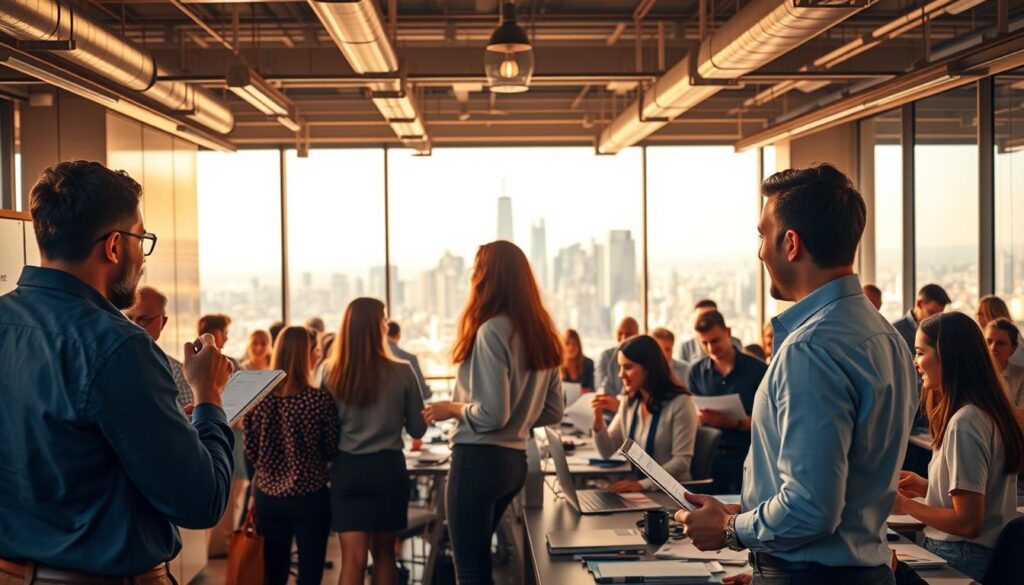 Um ambiente de escritório movimentado com profissionais engajados em diversas atividades voltadas para a carreira. Em primeiro plano, um grupo de pessoas exibe suas conquistas, portfólios e histórias de sucesso, servindo como modelos inspiradores. No centro, uma equipe diversificada colabora em projetos, destacando o trabalho em equipe e a camaradagem. Ao fundo, uma vista panorâmica do horizonte de uma cidade moderna, simbolizando as vastas oportunidades e o potencial de crescimento disponíveis para aqueles que buscam suas paixões. Uma iluminação natural e aconchegante ilumina o cenário, criando uma sensação de otimismo e possibilidades. A atmosfera geral transmite uma sensação de ambição, determinação e a realização de sonhos profissionais. Um ambiente de escritório movimentado com profissionais engajados em diversas atividades voltadas para a carreira. Em primeiro plano, um grupo de pessoas exibe suas conquistas, portfólios e histórias de sucesso, servindo como modelos inspiradores. No centro, uma equipe diversificada colabora em projetos, destacando o trabalho em equipe e a camaradagem. Ao fundo, uma vista panorâmica do horizonte de uma cidade moderna, simbolizando as vastas oportunidades e o potencial de crescimento disponíveis para aqueles que buscam suas paixões. Uma iluminação natural e aconchegante ilumina o cenário, criando uma sensação de otimismo e possibilidades. A atmosfera geral transmite uma sensação de ambição, determinação e a realização de sonhos profissionais.