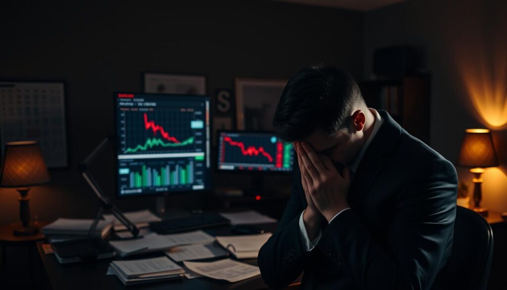 Um ambiente de escritório sombrio e mal iluminado. O primeiro plano apresenta um empresário de terno, com o rosto enterrado nas mãos, transmitindo uma sensação de angústia e dificuldades financeiras. O plano central exibe diversos documentos financeiros, gráficos e uma tela de computador exibindo a queda dos preços das ações. Ao fundo, sombras se projetam ameaçadoramente, criando uma atmosfera de incerteza e desgraça iminente. A iluminação é sombria, com uma paleta de cores quentes e suaves para evocar uma sensação de desconforto e o peso das perdas financeiras. A composição enfatiza o isolamento e o desamparo do indivíduo, cercado pelas consequências tangíveis de um investimento estruturado que deu errado. Um ambiente de escritório sombrio e mal iluminado. O primeiro plano apresenta um empresário de terno, com o rosto enterrado nas mãos, transmitindo uma sensação de angústia e dificuldades financeiras. O plano central exibe diversos documentos financeiros, gráficos e uma tela de computador exibindo a queda dos preços das ações. Ao fundo, sombras se projetam ameaçadoramente, criando uma atmosfera de incerteza e desgraça iminente. A iluminação é sombria, com uma paleta de cores quentes e suaves para evocar uma sensação de desconforto e o peso das perdas financeiras. A composição enfatiza o isolamento e o desamparo do indivíduo, cercado pelas consequências tangíveis de um investimento estruturado que deu errado.