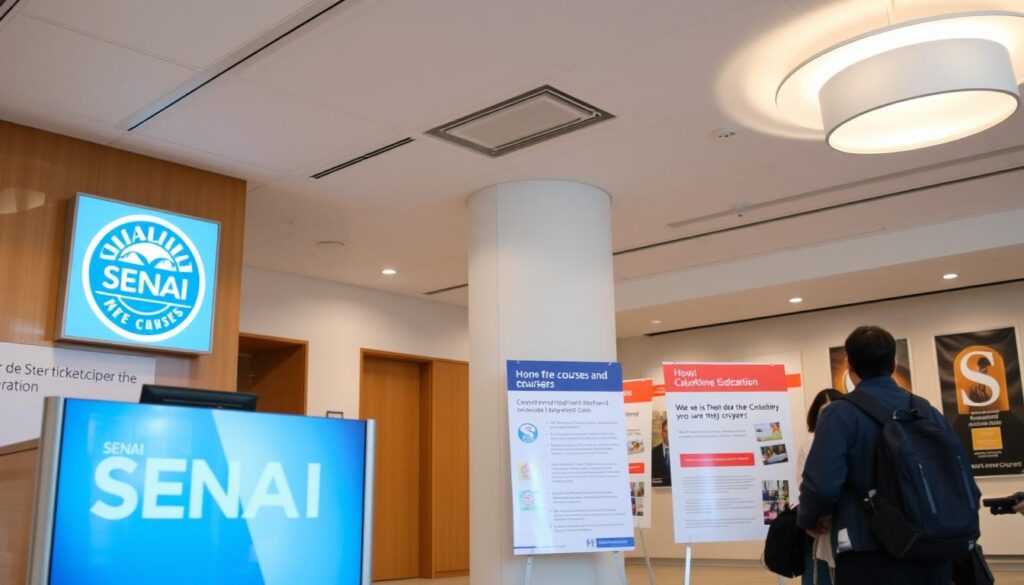 Um ambiente interno moderno e bem iluminado, com o logotipo e a sinalização do SENAI em destaque, capturando a atmosfera profissional e educacional de uma instituição SENAI. O cenário apresenta uma recepção ou quiosque de informações em primeiro plano, onde futuros alunos podem obter informações sobre o processo de matrícula. O plano central exibe cartazes ou displays informativos destacando os detalhes dos cursos gratuitos e do programa de auxílio financeiro. O fundo mantém um layout limpo e organizado, com elementos adicionais da marca e um senso de orgulho institucional. A iluminação é suave e uniformemente distribuída, criando um ambiente acolhedor e acessível para aqueles que buscam oportunidades educacionais. Um ambiente interno moderno e bem iluminado, com o logotipo e a sinalização do SENAI em destaque, capturando a atmosfera profissional e educacional de uma instituição SENAI. O cenário apresenta uma recepção ou quiosque de informações em primeiro plano, onde futuros alunos podem obter informações sobre o processo de matrícula. O plano central exibe cartazes ou displays informativos destacando os detalhes dos cursos gratuitos e do programa de auxílio financeiro. O fundo mantém um layout limpo e organizado, com elementos adicionais da marca e um senso de orgulho institucional. A iluminação é suave e uniformemente distribuída, criando um ambiente acolhedor e acessível para aqueles que buscam oportunidades educacionais.