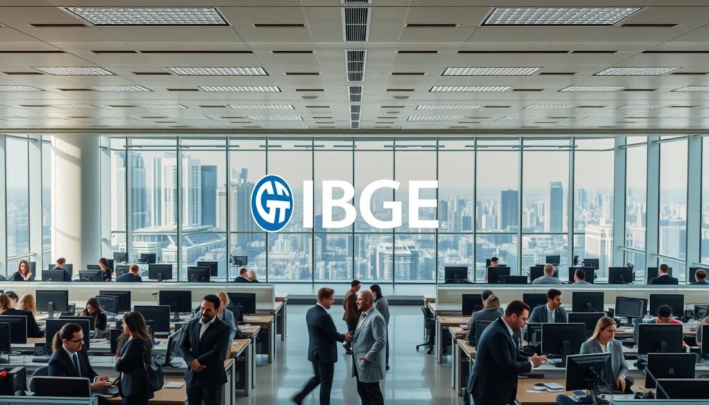 Um amplo espaço de escritório com fileiras de mesas e computadores, refletindo a escala do concurso público do IBGE. A luz natural e brilhante penetra pelas amplas janelas, criando uma atmosfera profissional e produtiva. Em primeiro plano, um grupo de candidatos a emprego, em trajes formais, conversa, com rostos repletos de determinação e expectativa. No centro, o icônico logotipo do IBGE é exibido em destaque, transmitindo o caráter prestigioso da oportunidade. Ao fundo, o vibrante horizonte da cidade, sugerindo a diversidade de vagas e locais disponíveis na organização IBGE. Um amplo espaço de escritório com fileiras de mesas e computadores, refletindo a escala do concurso público do IBGE. A luz natural e brilhante penetra pelas amplas janelas, criando uma atmosfera profissional e produtiva. Em primeiro plano, um grupo de candidatos a emprego, em trajes formais, conversa, com rostos repletos de determinação e expectativa. No centro, o icônico logotipo do IBGE é exibido em destaque, transmitindo o caráter prestigioso da oportunidade. Ao fundo, o vibrante horizonte da cidade, sugerindo a diversidade de vagas e locais disponíveis na organização IBGE.
