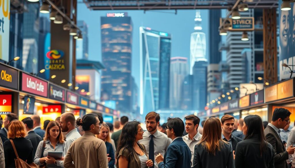 Um cenário de mercado internacional movimentado, com uma gama diversificada de profissionais exibindo sua expertise. Em primeiro plano, um grupo de indivíduos participa de discussões animadas, representando as habilidades e profissões mais procuradas no mercado de trabalho global. O plano central apresenta um cenário vibrante de arranha-céus imponentes, refletindo a natureza cosmopolita do cenário. Uma iluminação suave e aconchegante ilumina o cenário, criando uma sensação de oportunidade e potencial. A composição geral transmite a natureza dinâmica e interconectada do cenário de empregos internacional, destacando a crescente demanda por habilidades especializadas e a capacidade de prosperar em uma força de trabalho global. Um cenário de mercado internacional movimentado, com uma gama diversificada de profissionais exibindo sua expertise. Em primeiro plano, um grupo de indivíduos participa de discussões animadas, representando as habilidades e profissões mais procuradas no mercado de trabalho global. O plano central apresenta um cenário vibrante de arranha-céus imponentes, refletindo a natureza cosmopolita do cenário. Uma iluminação suave e aconchegante ilumina o cenário, criando uma sensação de oportunidade e potencial. A composição geral transmite a natureza dinâmica e interconectada do cenário de empregos internacional, destacando a crescente demanda por habilidades especializadas e a capacidade de prosperar em uma força de trabalho global.