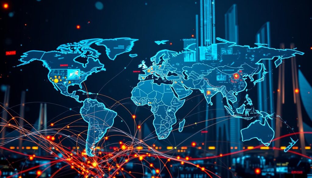 Um complexo sistema financeiro global com múltiplas moedas e redes de pagamento, dominado pelo dólar americano, em transição gradual para um cenário mais diversificado e descentralizado. Em primeiro plano, uma impressionante visualização de fluxos e transações financeiras interconectadas, com o sistema CIPS chinês como um ator proeminente desafiando a hegemonia do dólar americano. O plano do meio representa um mapa-múndi, com regiões e economias importantes em destaque, refletindo as mudanças geopolíticas e econômicas mais amplas. O fundo apresenta elementos arquitetônicos abstratos e futuristas, simbolizando a natureza evolutiva da infraestrutura financeira. A atmosfera geral transmite uma sensação de transição, inovação e o surgimento de uma ordem financeira multipolar. Um complexo sistema financeiro global com múltiplas moedas e redes de pagamento, dominado pelo dólar americano, em transição gradual para um cenário mais diversificado e descentralizado. Em primeiro plano, uma impressionante visualização de fluxos e transações financeiras interconectadas, com o sistema CIPS chinês como um ator proeminente desafiando a hegemonia do dólar americano. O plano do meio representa um mapa-múndi, com regiões e economias importantes em destaque, refletindo as mudanças geopolíticas e econômicas mais amplas. O fundo apresenta elementos arquitetônicos abstratos e futuristas, simbolizando a natureza evolutiva da infraestrutura financeira. A atmosfera geral transmite uma sensação de transição, inovação e o surgimento de uma ordem financeira multipolar.