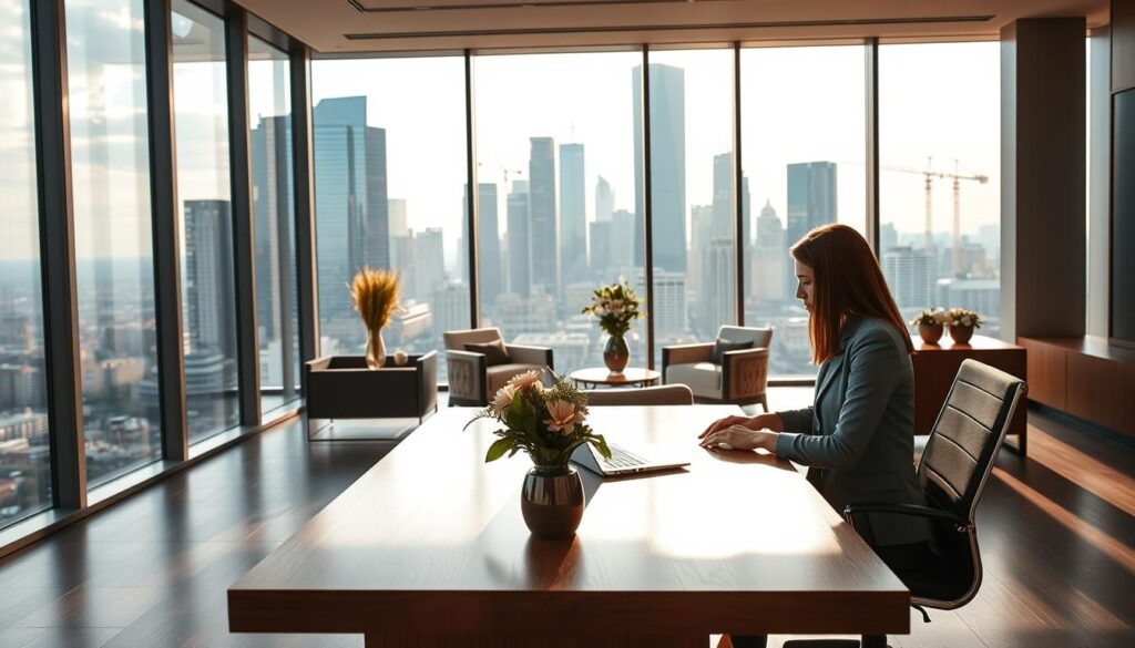 Um escritório moderno e elegante, com janelas do chão ao teto com vista para o movimentado horizonte da cidade. Em primeiro plano, uma elegante mesa de madeira com um laptop, um arranjo floral de bom gosto e uma mulher em traje profissional sentada à mesa, concentrada em seu trabalho. O centro apresenta móveis e decoração elegantes, transmitindo uma atmosfera de sucesso e prosperidade. O fundo destaca a vibrante paisagem da cidade, com arranha-céus e guindastes ao longe, sugerindo rápido crescimento e expansão. A iluminação é quente e natural, lançando um brilho sutil sobre o cenário. O clima geral é de produtividade focada, inovação e ambiciosas aspirações empresariais.