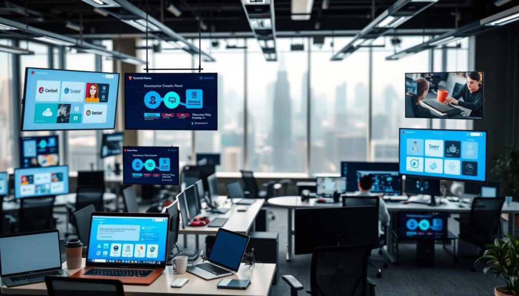Um espaço de trabalho amplo e dinâmico com diversas plataformas de trabalho remoto em destaque. O cenário apresenta um escritório moderno e elegante com diversas estações de trabalho, laptops e telas digitais exibindo diferentes serviços e ferramentas de trabalho remoto. A iluminação é forte e difusa, criando uma sensação de produtividade e colaboração. O fundo se funde com uma paisagem urbana nebulosa, sugerindo o alcance global e a acessibilidade dessas soluções de trabalho remoto. A atmosfera geral transmite uma sensação de inovação, flexibilidade e o futuro do trabalho. Um espaço de trabalho amplo e dinâmico com diversas plataformas de trabalho remoto em destaque. O cenário apresenta um escritório moderno e elegante com diversas estações de trabalho, laptops e telas digitais exibindo diferentes serviços e ferramentas de trabalho remoto. A iluminação é forte e difusa, criando uma sensação de produtividade e colaboração. O fundo se funde com uma paisagem urbana nebulosa, sugerindo o alcance global e a acessibilidade dessas soluções de trabalho remoto. A atmosfera geral transmite uma sensação de inovação, flexibilidade e o futuro do trabalho.