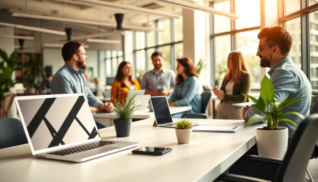Um espaço de trabalho tranquilo, repleto de empreendedores atenciosos, ferramentas digitais sem atrito e um fluxo contínuo de transações. Em primeiro plano, uma mesa minimalista e clean com um laptop, um smartphone e um pequeno vaso de plantas, banhada por uma iluminação natural e aconchegante. No centro, um grupo de pessoas focadas, envolvidas em discussões animadas, com expressões que refletem uma sensação de tranquilidade e eficiência. Ao fundo, um escritório moderno e aberto, com amplas janelas, permite que uma abundância de luz natural permeie o ambiente. A atmosfera geral transmite uma mistura harmoniosa de tecnologia, produtividade e uma sensação de progresso sem esforço, incorporando o conceito "Benefícios para Empreendedores: Menos Atrativos e Mais Conversões Um espaço de trabalho tranquilo, repleto de empreendedores atenciosos, ferramentas digitais sem atrito e um fluxo contínuo de transações. Em primeiro plano, uma mesa minimalista e clean com um laptop, um smartphone e um pequeno vaso de plantas, banhada por uma iluminação natural e aconchegante. No centro, um grupo de pessoas focadas, envolvidas em discussões animadas, com expressões que refletem uma sensação de tranquilidade e eficiência. Ao fundo, um escritório moderno e aberto, com amplas janelas, permite que uma abundância de luz natural permeie o ambiente. A atmosfera geral transmite uma mistura harmoniosa de tecnologia, produtividade e uma sensação de progresso sem esforço, incorporando o conceito "Benefícios para Empreendedores: Menos Atrativos e Mais Conversões