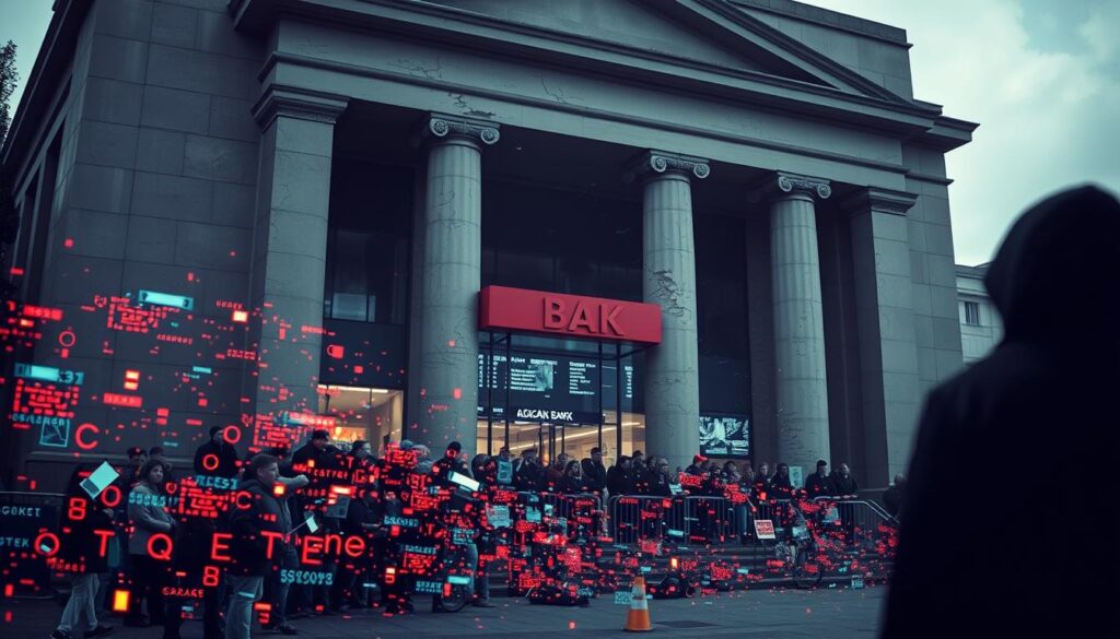 Um grande prédio bancário, com a fachada marcada pelos impactos de um ciberataque devastador. Em primeiro plano, uma série de falhas digitais e fluxos de dados corrompidos lançam um brilho sinistro sobre a cena. Clientes fazem fila ansiosamente do lado de fora, com os rostos marcados pela preocupação e frustração. O plano central revela os sistemas internos do banco em desordem, com telas piscando e protocolos de segurança violados. Ao fundo, uma figura sombria espreita, o cérebro por trás do ataque. O clima é de inquietação e vulnerabilidade, um lembrete claro da batalha de alto risco para proteger as instituições financeiras da crescente ameaça do crime cibernético.