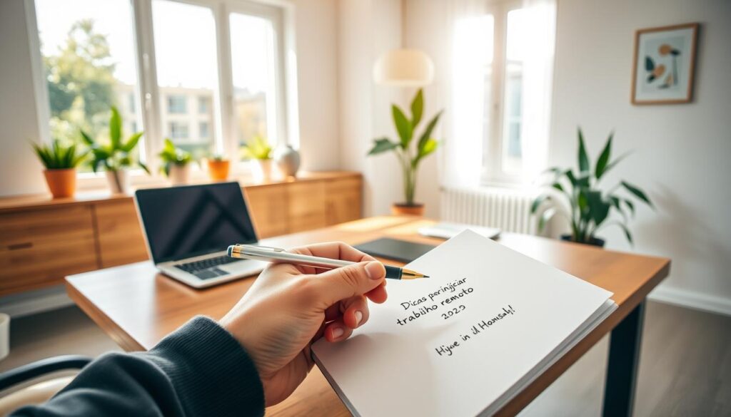 Um home office ensolarado com móveis modernos e decoração minimalista. Um laptop, um smartphone e um notebook repousam sobre uma elegante mesa de madeira. Vasos de plantas e uma grande janela permitem a entrada de luz natural, criando uma atmosfera serena e produtiva. Em primeiro plano, uma mão segura uma caneta, pronta para anotar "Dicas para iniciar trabalho remoto" em um bloco de notas branco e nítido. O cenário geral transmite uma sensação de calma e foco e a liberdade do trabalho remoto em 2025. Um home office ensolarado com móveis modernos e decoração minimalista. Um laptop, um smartphone e um notebook repousam sobre uma elegante mesa de madeira. Vasos de plantas e uma grande janela permitem a entrada de luz natural, criando uma atmosfera serena e produtiva. Em primeiro plano, uma mão segura uma caneta, pronta para anotar "Dicas para iniciar trabalho remoto" em um bloco de notas branco e nítido. O cenário geral transmite uma sensação de calma e foco e a liberdade do trabalho remoto em 2025.