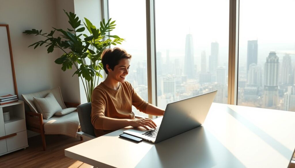 Um home office tranquilo com vista para o horizonte panorâmico da cidade, banhado pela suave luz natural que entra pelas amplas janelas. Em primeiro plano, uma pessoa sentada confortavelmente em uma mesa elegante e minimalista, com o laptop aberto, desfruta da liberdade e flexibilidade do trabalho remoto. Atrás dela, uma planta exuberante e um aconchegante cantinho de leitura evocam uma sensação de equilíbrio e bem-estar. A paisagem urbana ao fundo simboliza as oportunidades globais proporcionadas por esse estilo de vida, onde a localização não é mais uma restrição. Uma atmosfera de produtividade, tranquilidade e potencial ilimitado permeia o cenário. Um home office tranquilo com vista para o horizonte panorâmico da cidade, banhado pela suave luz natural que entra pelas amplas janelas. Em primeiro plano, uma pessoa sentada confortavelmente em uma mesa elegante e minimalista, com o laptop aberto, desfruta da liberdade e flexibilidade do trabalho remoto. Atrás dela, uma planta exuberante e um aconchegante cantinho de leitura evocam uma sensação de equilíbrio e bem-estar. A paisagem urbana ao fundo simboliza as oportunidades globais proporcionadas por esse estilo de vida, onde a localização não é mais uma restrição. Uma atmosfera de produtividade, tranquilidade e potencial ilimitado permeia o cenário.
