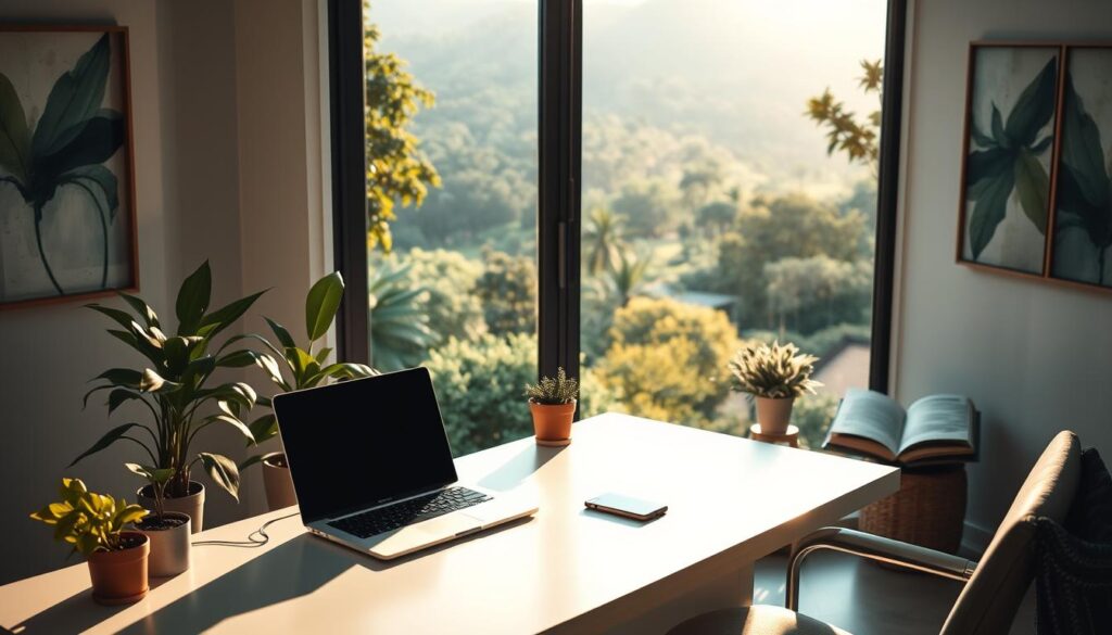 Um home office tranquilo com vista para uma paisagem verdejante e exuberante, com um laptop e um smartphone sobre uma mesa elegante e minimalista, banhada pela luz natural e aconchegante de uma grande janela. A mesa é cercada por vasos de plantas e um aconchegante cantinho de leitura, transmitindo uma sensação de produtividade e serenidade. As paredes são adornadas com arte abstrata, e a atmosfera geral é de trabalho remoto e focado, em um ambiente tranquilo e sem distrações. A imagem captura a essência da seção "Entendendo o Trabalho Remoto em Dólar", destacando os benefícios e confortos do trabalho remoto de forma visualmente atraente. Um home office tranquilo com vista para uma paisagem verdejante e exuberante, com um laptop e um smartphone sobre uma mesa elegante e minimalista, banhada pela luz natural e aconchegante de uma grande janela. A mesa é cercada por vasos de plantas e um aconchegante cantinho de leitura, transmitindo uma sensação de produtividade e serenidade. As paredes são adornadas com arte abstrata, e a atmosfera geral é de trabalho remoto e focado, em um ambiente tranquilo e sem distrações. A imagem captura a essência da seção "Entendendo o Trabalho Remoto em Dólar", destacando os benefícios e confortos do trabalho remoto de forma visualmente atraente.
