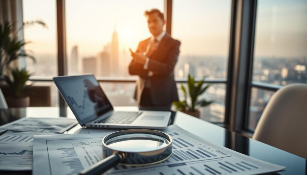 Um investidor pensativo está em um escritório tranquilo, cercado por gráficos e tabelas financeiras. A iluminação é suave e aconchegante, criando uma atmosfera contemplativa. Em primeiro plano, uma lupa paira sobre um plano de investimento detalhado, simbolizando uma análise cuidadosa. No centro, um laptop exibe estratégias de proteção, enquanto o fundo apresenta o horizonte de uma cidade, sugerindo o cenário econômico mais amplo. A composição geral transmite uma sensação de diligência, previsão e compromisso com a proteção do futuro financeiro. Um investidor pensativo está em um escritório tranquilo, cercado por gráficos e tabelas financeiras. A iluminação é suave e aconchegante, criando uma atmosfera contemplativa. Em primeiro plano, uma lupa paira sobre um plano de investimento detalhado, simbolizando uma análise cuidadosa. No centro, um laptop exibe estratégias de proteção, enquanto o fundo apresenta o horizonte de uma cidade, sugerindo o cenário econômico mais amplo. A composição geral transmite uma sensação de diligência, previsão e compromisso com a proteção do futuro financeiro.