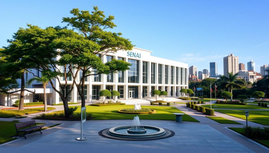 Um majestoso e moderno prédio do campus do Senai (Serviço Nacional de Aprendizagem Industrial) com vista para uma área verde exuberante e um céu azul claro. A estrutura apresenta linhas limpas e minimalistas e grandes painéis de vidro, permitindo que a luz natural inunde o interior. O primeiro plano exibe uma praça bem conservada com bancos e um bebedouro, convidando os visitantes a explorar o campus. O plano central destaca passarelas cuidadosamente ajardinadas que levam à entrada principal, guiando alunos e funcionários. O fundo retrata um horizonte urbano vibrante, indicando a localização estratégica do prédio em uma cidade próspera. A cena transmite uma sensação de progresso, educação e comunidade, refletindo o papel do Senai na formação e desenvolvimento profissional. Um majestoso e moderno prédio do campus do Senai (Serviço Nacional de Aprendizagem Industrial) com vista para uma área verde exuberante e um céu azul claro. A estrutura apresenta linhas limpas e minimalistas e grandes painéis de vidro, permitindo que a luz natural inunde o interior. O primeiro plano exibe uma praça bem conservada com bancos e um bebedouro, convidando os visitantes a explorar o campus. O plano central destaca passarelas cuidadosamente ajardinadas que levam à entrada principal, guiando alunos e funcionários. O fundo retrata um horizonte urbano vibrante, indicando a localização estratégica do prédio em uma cidade próspera. A cena transmite uma sensação de progresso, educação e comunidade, refletindo o papel do Senai na formação e desenvolvimento profissional.
