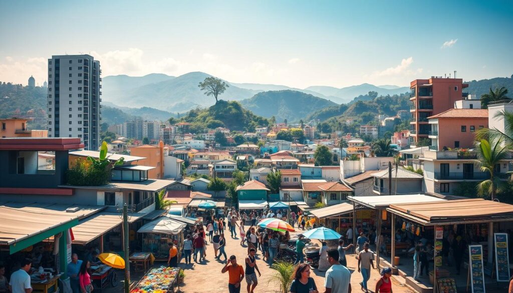 Um mercado de aluguel brasileiro vibrante e movimentado, com uma gama diversificada de imóveis residenciais e comerciais. O primeiro plano mostra um animado mercado ao ar livre, repleto de vendedores, compradores e negociadores pechinchando sobre preços e condições de aluguel. O plano do meio revela uma mistura de arranha-céus modernos, sobrados pitorescos e pequenos negócios, todos competindo por imóveis de primeira linha. O fundo é pontilhado por colinas onduladas, vegetação exuberante e um céu claro e ensolarado, criando uma sensação de aconchego e vitalidade. O cenário geral transmite a natureza dinâmica e em constante evolução do mercado de aluguel brasileiro, com foco na energia vibrante e no espírito empreendedor que caracterizam esse setor próspero.