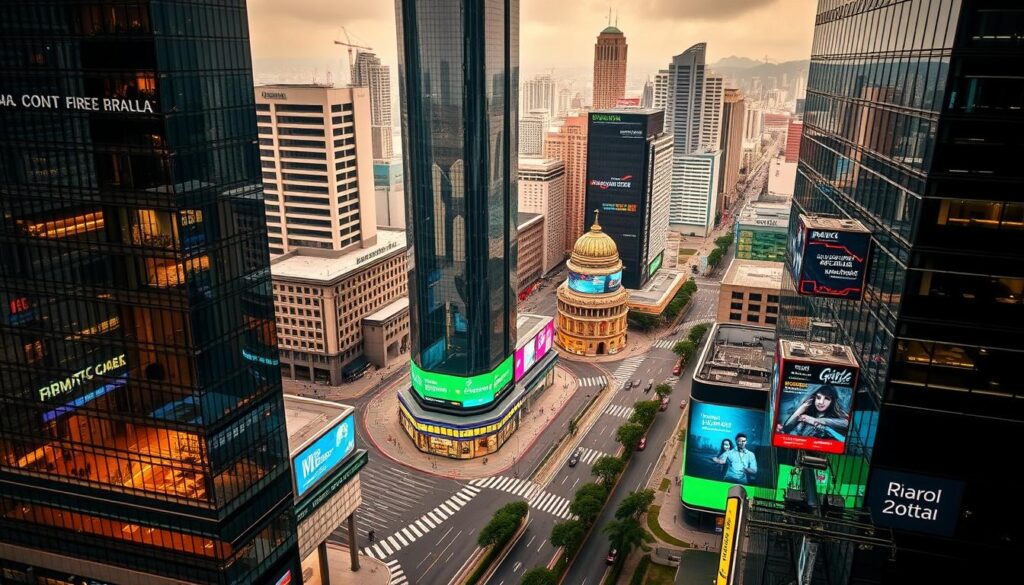 Um mercado imobiliário digital moderno e dinâmico no Brasil, que apresenta uma paisagem urbana vibrante. Prédios altos e elegantes, fachadas de vidro reluzentes e ruas movimentadas criam uma sensação de progresso e inovação. Toques de cor em displays e sinalização digitais sugerem um setor voltado para o futuro e voltado para a tecnologia. A perspectiva aérea captura a escala e o escopo desse cenário imobiliário em evolução, com uma mistura de estilos arquitetônicos tradicionais e contemporâneos. A iluminação quente e difusa evoca uma sensação de energia e oportunidade, refletindo a natureza dinâmica do setor imobiliário digital do Brasil.