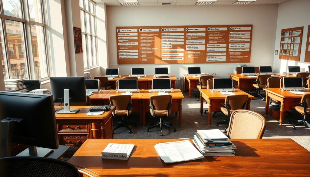 Um movimentado escritório administrativo com uma variedade de mesas e cadeiras, cada uma representando uma oportunidade de emprego distinta. O primeiro plano apresenta uma mesa de carvalho ornamentada, cuja superfície é adornada com um elegante computador de mesa, uma placa de identificação e uma pilha de papéis organizados. A luz do sol entra pelas grandes janelas, lançando um brilho acolhedor sobre o cenário. No plano central, fileiras de estações de trabalho idênticas estão meticulosamente dispostas, transmitindo uma sensação de eficiência organizada. O fundo exibe um painel de parede exibindo os vários cargos e departamentos disponíveis, convidando o observador a explorar a diversidade de carreiras disponíveis. A atmosfera geral exala um ambiente profissional, porém acolhedor, refletindo o planejamento meticuloso e a atenção aos detalhes inerentes ao processo de contratação governamental. Um movimentado escritório administrativo com uma variedade de mesas e cadeiras, cada uma representando uma oportunidade de emprego distinta. O primeiro plano apresenta uma mesa de carvalho ornamentada, cuja superfície é adornada com um elegante computador de mesa, uma placa de identificação e uma pilha de papéis organizados. A luz do sol entra pelas grandes janelas, lançando um brilho acolhedor sobre o cenário. No plano central, fileiras de estações de trabalho idênticas estão meticulosamente dispostas, transmitindo uma sensação de eficiência organizada. O fundo exibe um painel de parede exibindo os vários cargos e departamentos disponíveis, convidando o observador a explorar a diversidade de carreiras disponíveis. A atmosfera geral exala um ambiente profissional, porém acolhedor, refletindo o planejamento meticuloso e a atenção aos detalhes inerentes ao processo de contratação governamental.