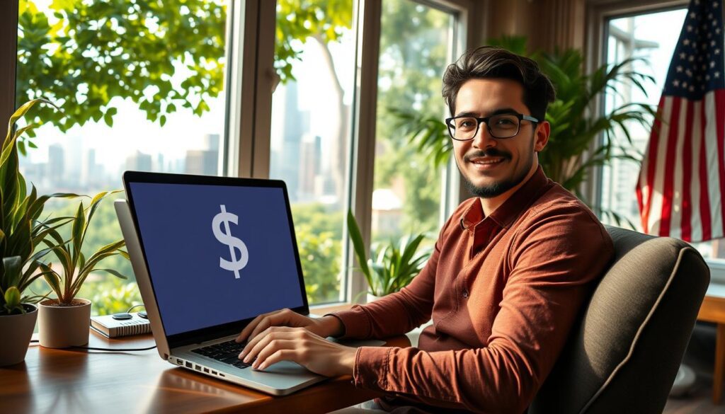 Um trabalhador remoto sentado confortavelmente em um escritório em casa, cercado por uma área verde exuberante através de grandes janelas. O espaço de trabalho é banhado por uma iluminação natural e aconchegante, com um laptop exibindo um símbolo de dólar em destaque na tela. A expressão do trabalhador é de determinação e foco, transmitindo a sensação de oportunidade e liberdade financeira que acompanha o trabalho remoto pago em uma moeda global forte. Ao fundo, uma paisagem urbana com arranha-céus e a bandeira americana sugere o alcance global e a prosperidade desta nova era de emprego independente de localização. Um trabalhador remoto sentado confortavelmente em um escritório em casa, cercado por uma área verde exuberante através de grandes janelas. O espaço de trabalho é banhado por uma iluminação natural e aconchegante, com um laptop exibindo um símbolo de dólar em destaque na tela. A expressão do trabalhador é de determinação e foco, transmitindo a sensação de oportunidade e liberdade financeira que acompanha o trabalho remoto pago em uma moeda global forte. Ao fundo, uma paisagem urbana com arranha-céus e a bandeira americana sugere o alcance global e a prosperidade desta nova era de emprego independente de localização.