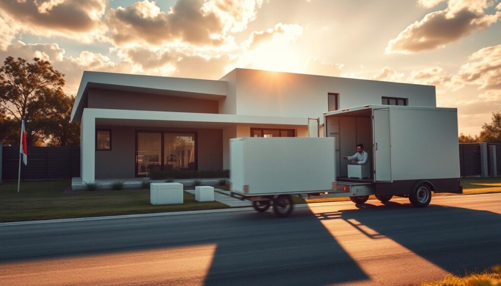 Uma casa moderna e aerodinâmica se ergue imponente, com suas linhas limpas e design minimalista acentuados pela luz quente e dourada do sol que se filtra pelas nuvens. Em primeiro plano, uma van de entregas para, com seu motorista descarregando rapidamente componentes pré-fabricados da casa com movimentos precisos e eficientes. A cena transmite uma sensação de velocidade e integração perfeita, capturando a essência de "rápida entrega e instalação" desta casa pré-moldada e acessível. Sombras nítidas, foco suave e um ângulo de câmera ligeiramente elevado contribuem para a atmosfera profissional, porém convidativa. Uma casa moderna e aerodinâmica se ergue imponente, com suas linhas limpas e design minimalista acentuados pela luz quente e dourada do sol que se filtra pelas nuvens. Em primeiro plano, uma van de entregas para, com seu motorista descarregando rapidamente componentes pré-fabricados da casa com movimentos precisos e eficientes. A cena transmite uma sensação de velocidade e integração perfeita, capturando a essência de "rápida entrega e instalação" desta casa pré-moldada e acessível. Sombras nítidas, foco suave e um ângulo de câmera ligeiramente elevado contribuem para a atmosfera profissional, porém convidativa.